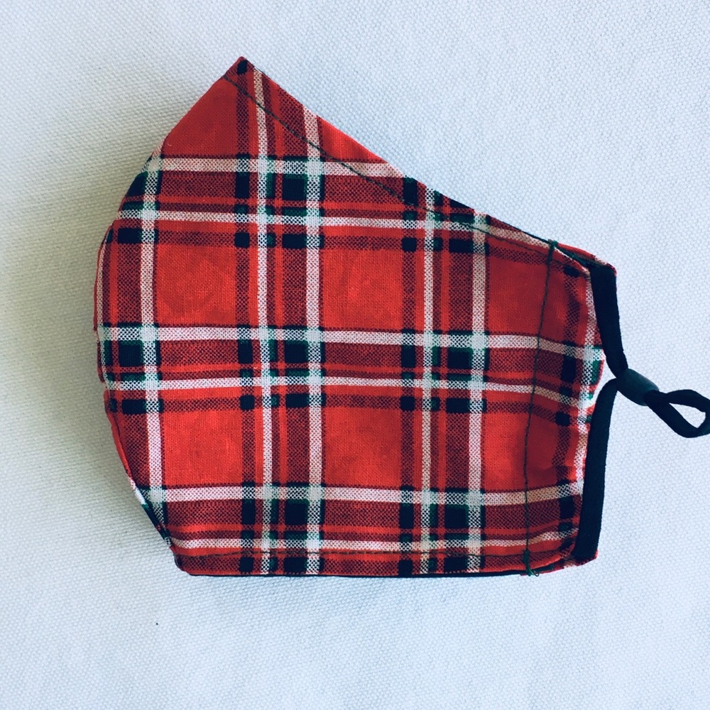 HAND CRAFTED FACE MASK COTTON RED BLACK PLAID - Picture 4 of 5
